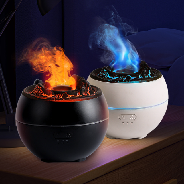 Diffuseurs Lueur noir et blanc côte à côte, flamme orange et flamme bleue
