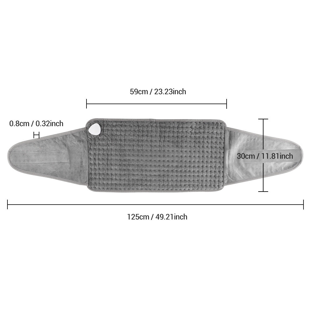 Dimensions du coussin Cocon : surface chauffante d'environ 59 × 30 cm, longueur avec sangle d'environ 125 cm